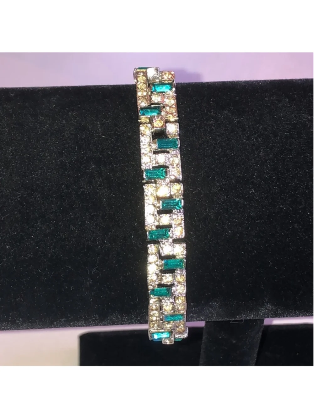 Vintage Silver Tone Green Rhinestone Boho Bracelet - Picture 3 of 8